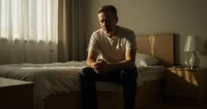 homem sentado na cama pensativo representando disfunção eretil precoce